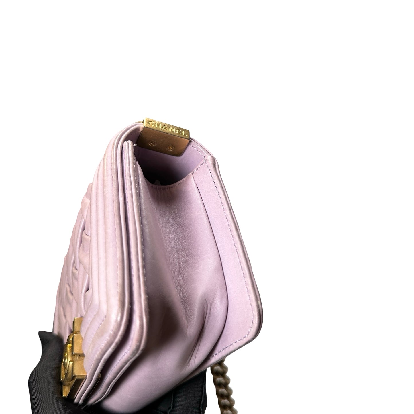 Used CHANEL Braided Lambskin Boy Chain Shoulder Bag Lilac Gold