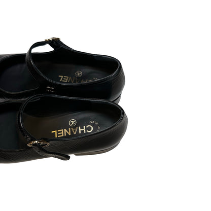 Used CHANEL Crinkled Calfskin Patent Calfskin Mary Jane Pumps Shoes Black GHW