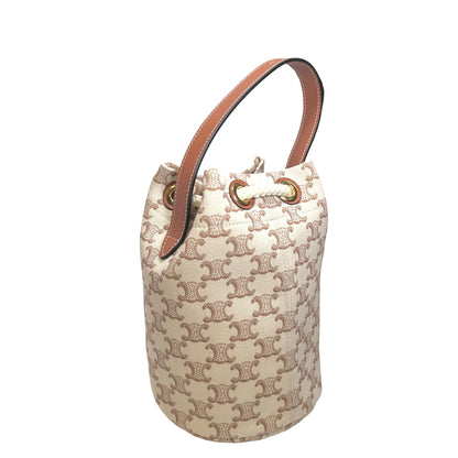 Used CELINE Triomphe Canvas Calfskin Teen Triomphe Drawstring Drawstring Bag Beige Brown GHW