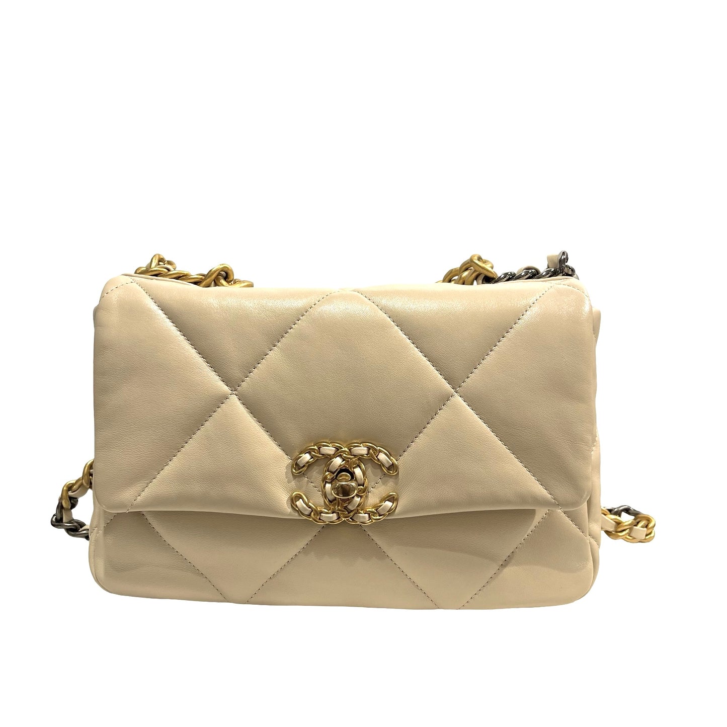 Used CHANEL Lambskin Quilted Chanel 19 Chain Shoulder Bag Cream White GHW