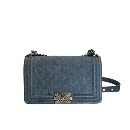 Used CHANEL Denim Boy Chain Shoulder Bag Blue