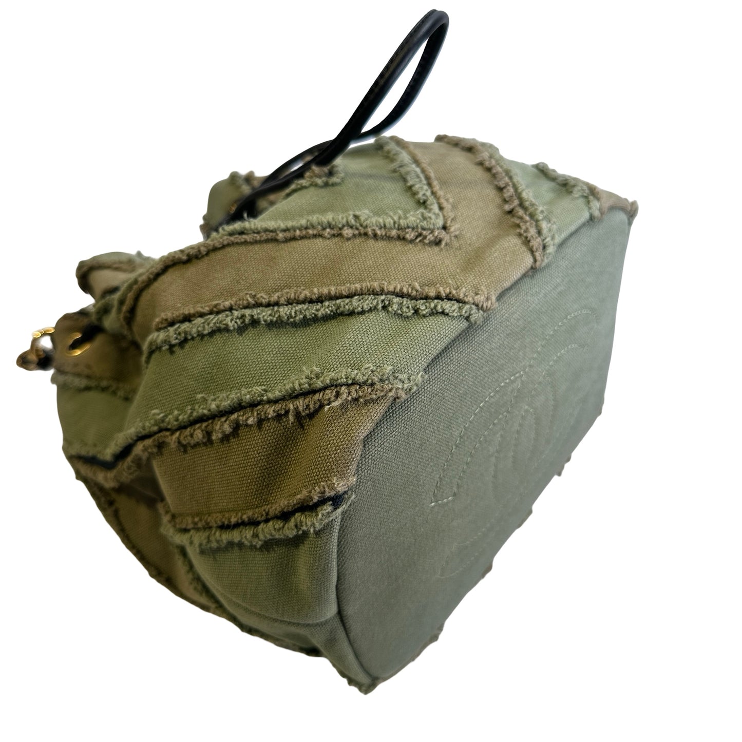 Used CHANEL Chevron Fringed Canvas Chevron Fringed Canvas Drawstring Bucket Bag Drawstring Bag Olive Green