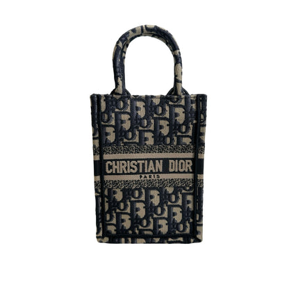 Used DIOR Dior Oblique Embroidery Mini Book tote phone bag Tote Bag Blue Beige