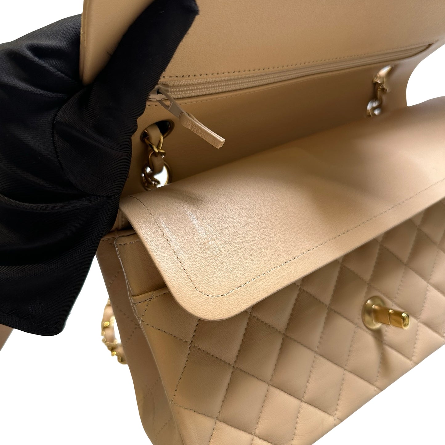 Used CHANEL Lambskin Classic Flap 25cm Chain shoulder bag Beige GHW