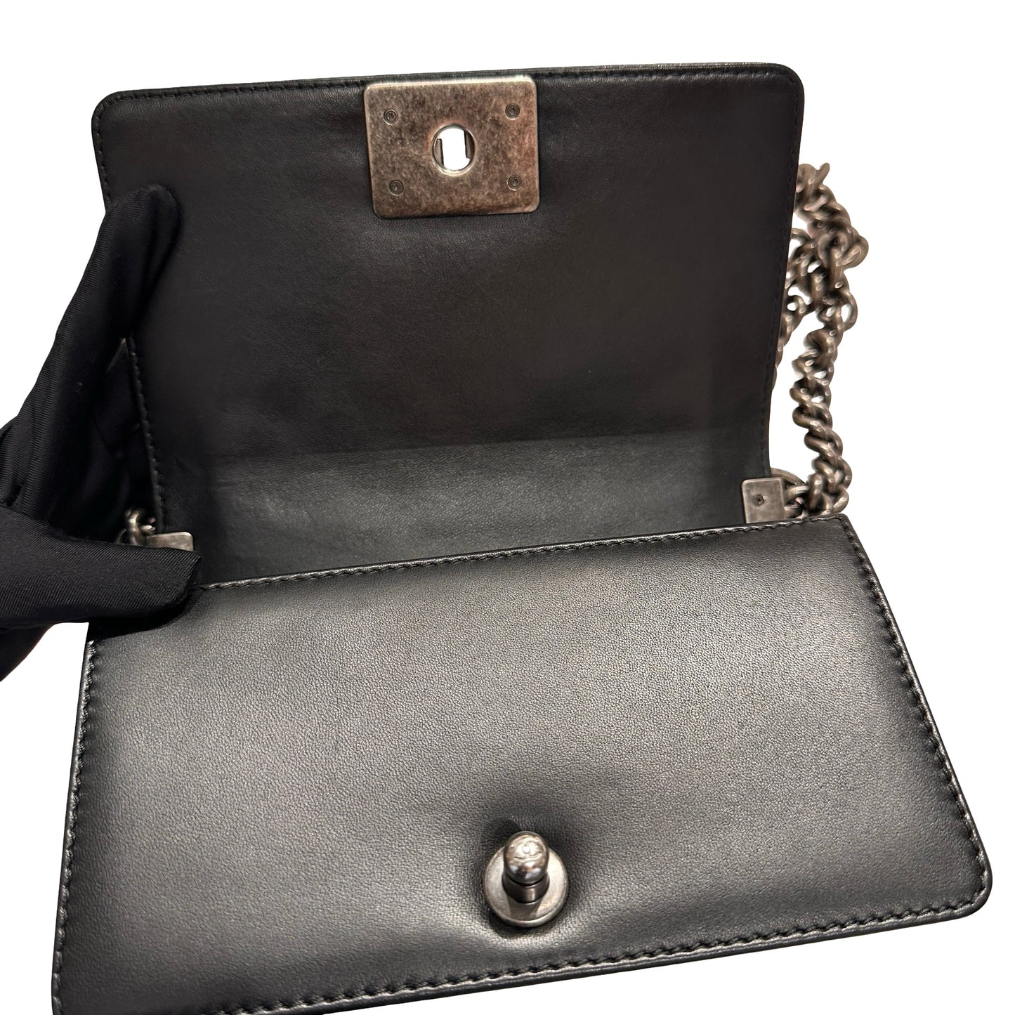 Used CHANEL Lambskin Leather Boy 20cm Shoulder Bag Black White