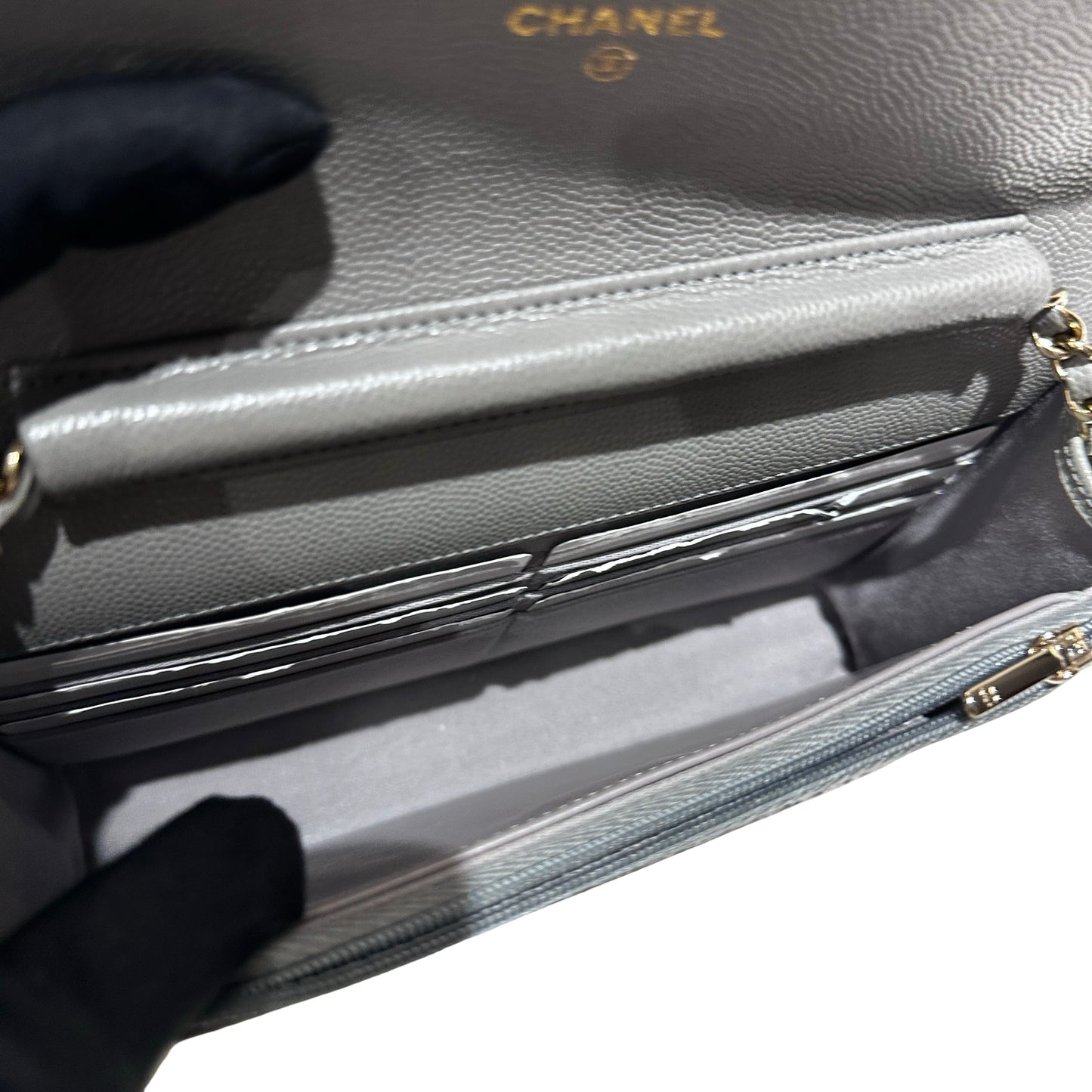 Used CHANEL Caviar Leather WOC Calf Skin Cross Body Bag Grey PHW