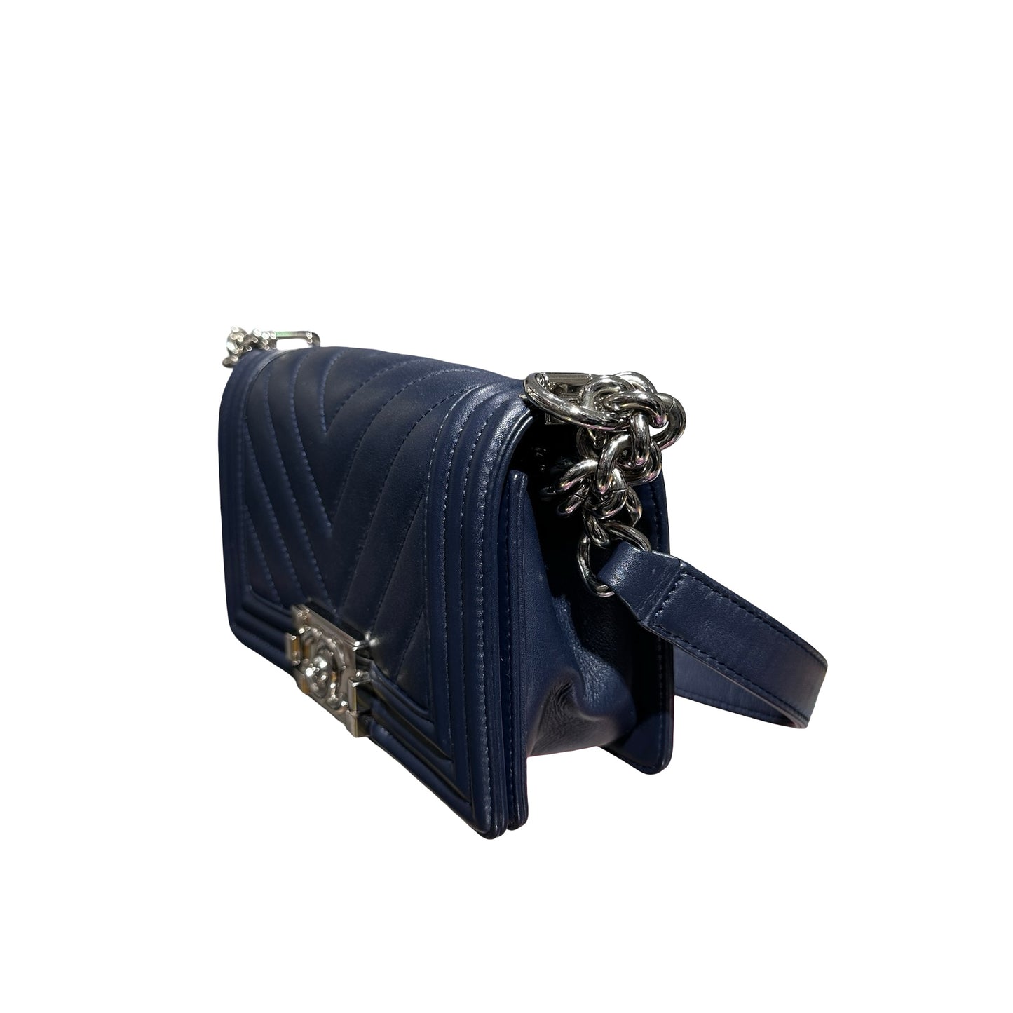 Used CHANEL Boy 20 V line Shoulder Bag Navy Blue PHW