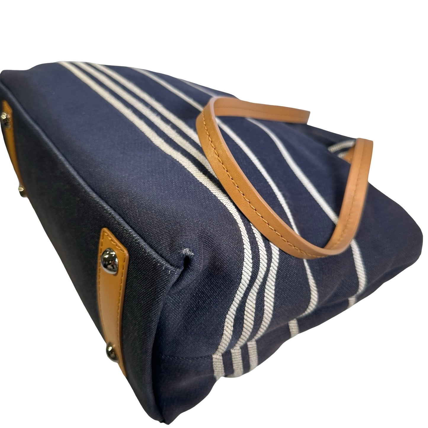 Used CHANEL Stripes CC Logo Deauville Tote Bag Navy Blue White Tan
