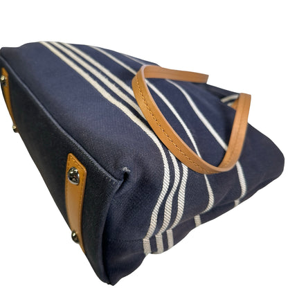 Used CHANEL Stripes CC Logo Deauville Tote Bag Navy Blue White Tan