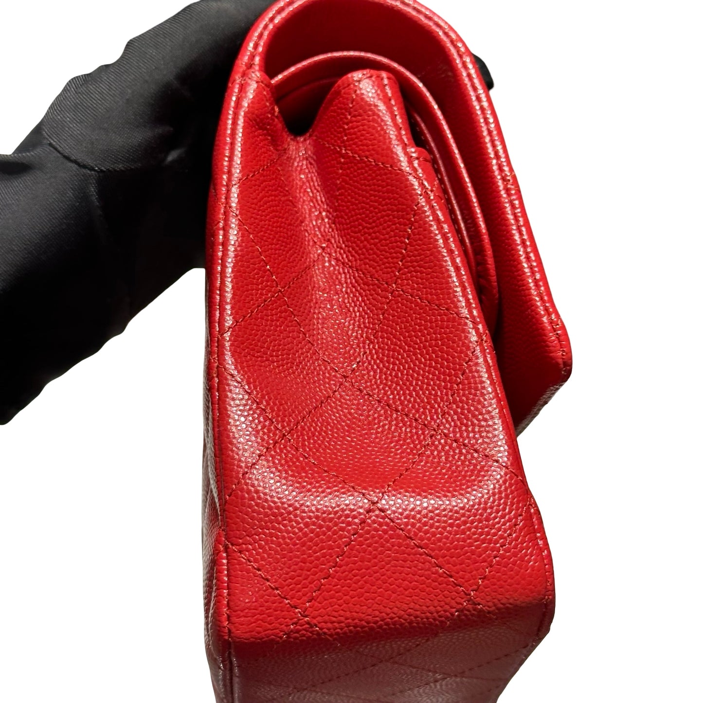 Used CHANEL Quilted Caviar Classic Flap 25 Shoulder Bag Red Gold