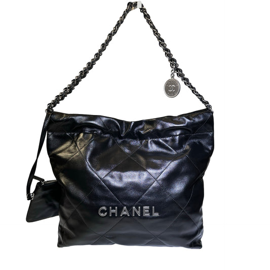 Used Chanel Shiny Calfskin 22 Hobo Bag Black PHW