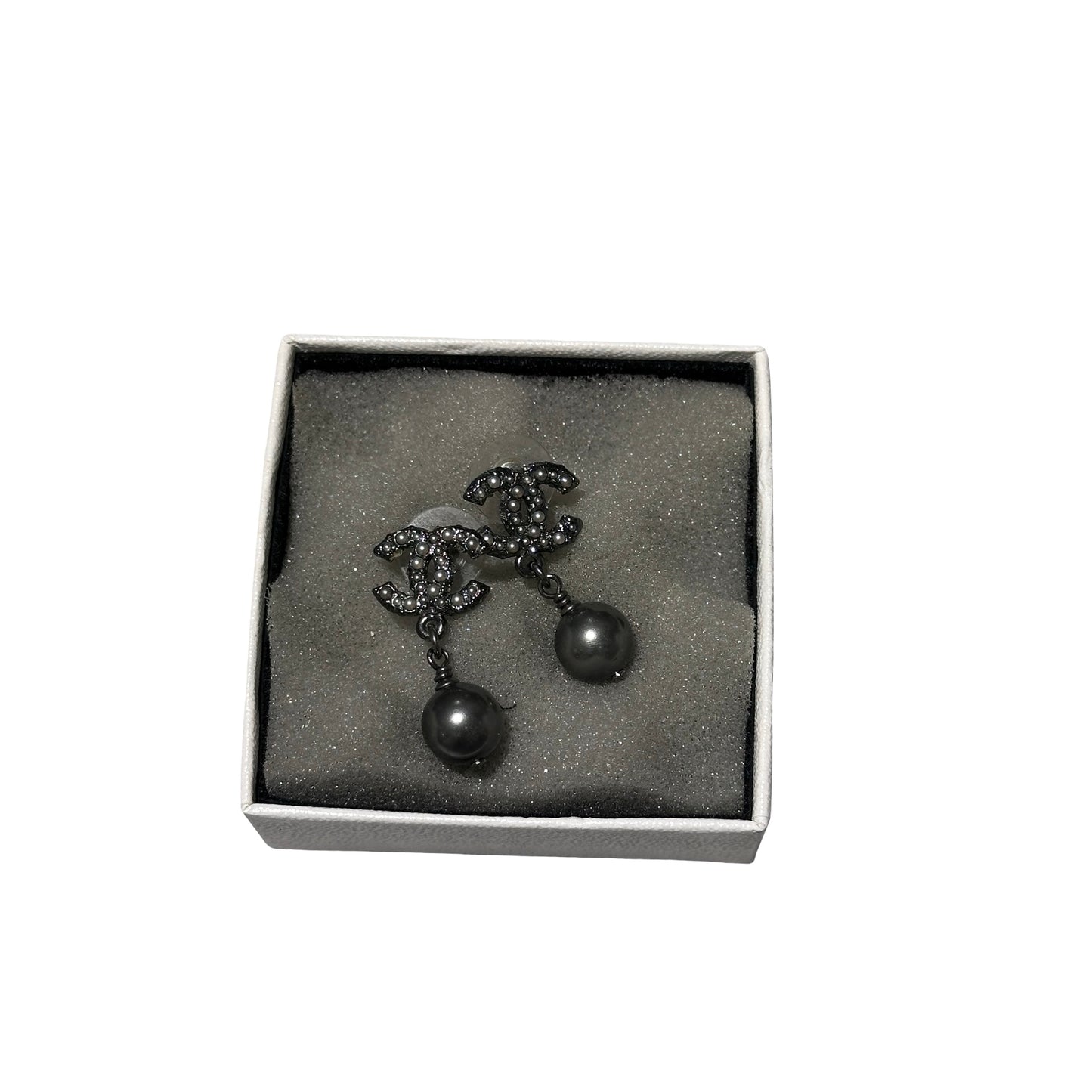 Used Chanel Pearl Earrings Black PHW