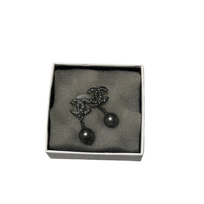 Used Chanel Pearl Earrings Black PHW
