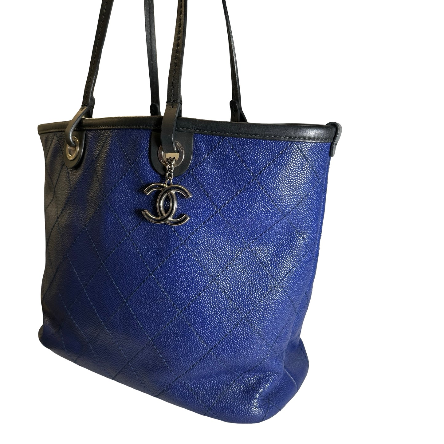 Used CHANEL Quilted Caviar Leather GST Tote Bag Blue Silver