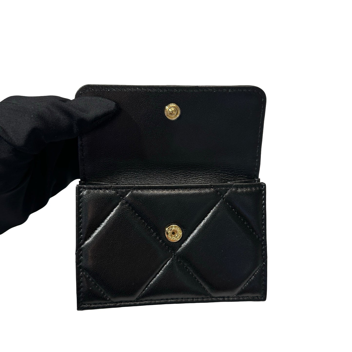 Used Chanel Calfskin Leather C19 Flap Card Holder Black GHW