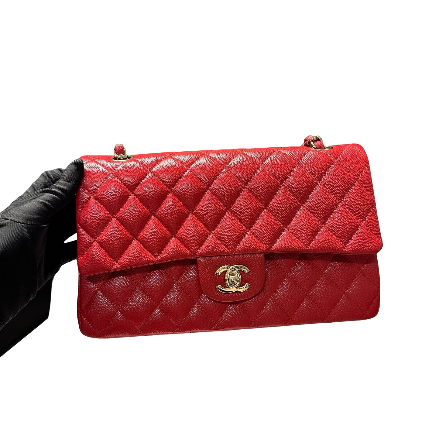 Used CHANEL Quilted Caviar Classic Flap 25 Shoulder Bag Red Gold