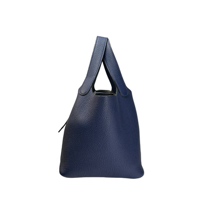 Used HERMES Clemence Leather Picotin 18 Bucket Bag Blue PHW