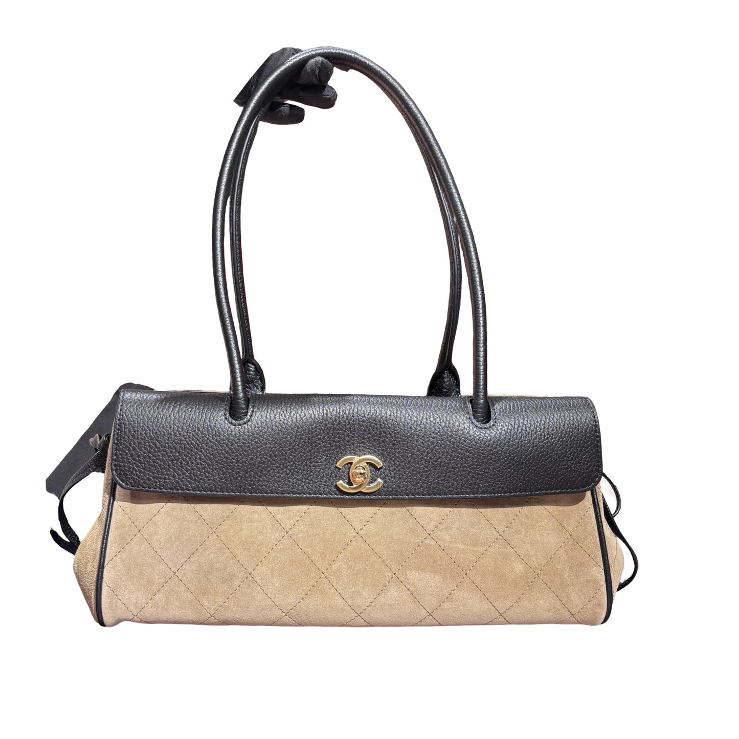 Brand New CHANEL Quilted Suede Leather Top Handle Flap Bag Shoulder Bag Beige Black