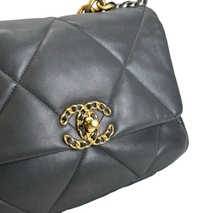 Used CHANEL Quilted Goatskin Chanel 19 Chain Shoulder Bag Grey Gold Ruthenium