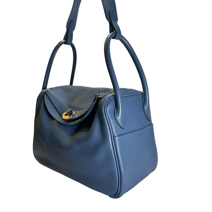 Used HERMES Leather Lindy 26 Handbag Blue PHW