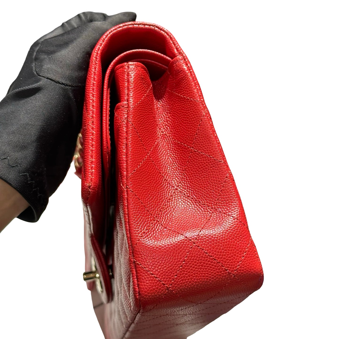 Used CHANEL Quilted Caviar Classic Flap 25 Shoulder Bag Red Gold