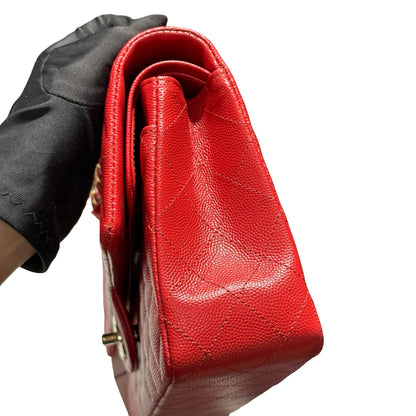 Used CHANEL Quilted Caviar Classic Flap 25 Shoulder Bag Red Gold