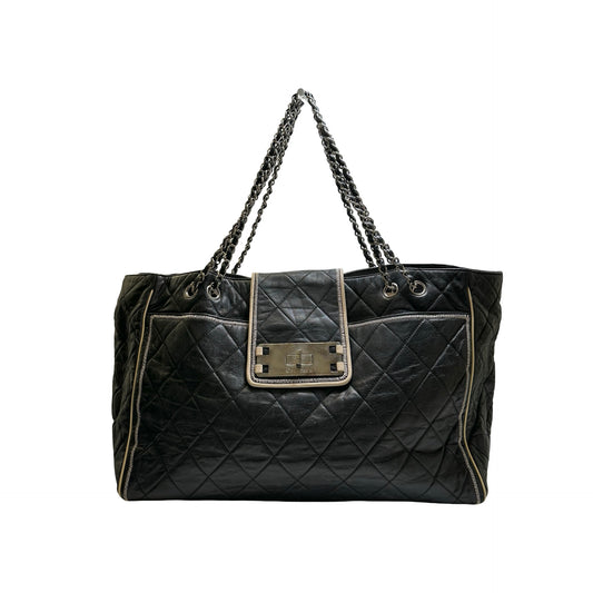 Used CHANEL Quilted Leather Quilted Tote Tote Bag Black Silver