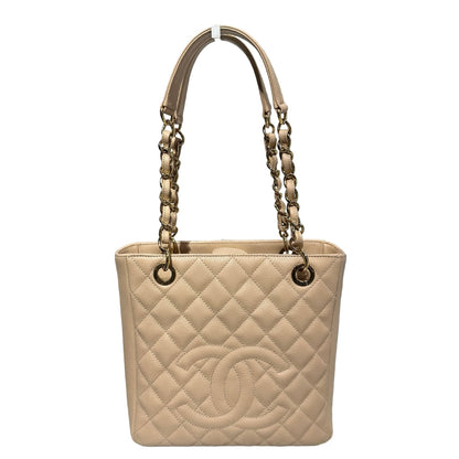 Used CHANEL Calfskin Leather PST Tote Bag Beige GHW