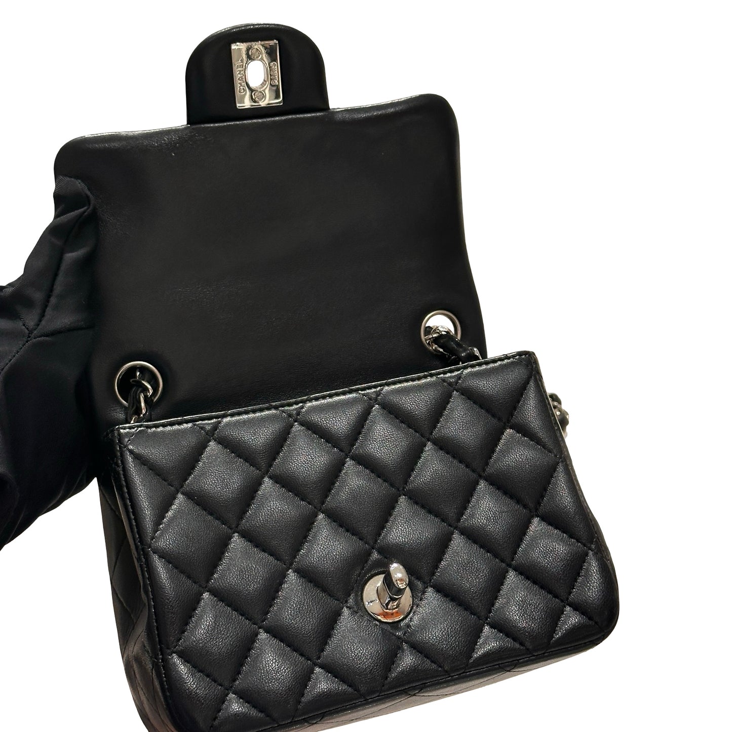 Used CHANEL Lambskin Leather Mini flap 17cm Cross Body Bag Black PHW