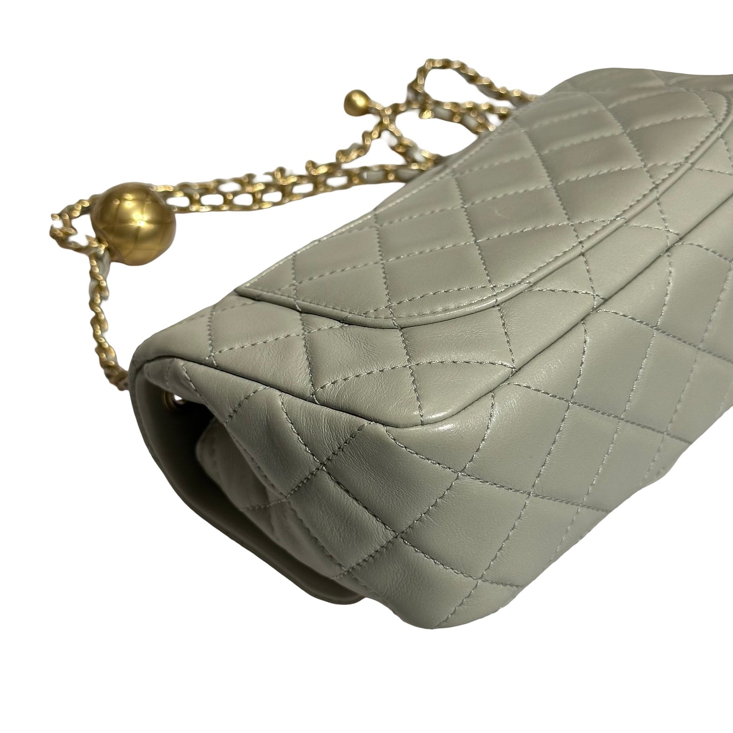 Used CHANEL Lambskin Leather Classic Flap with Gold Ball Chain Shoulder Bag Grey GHW