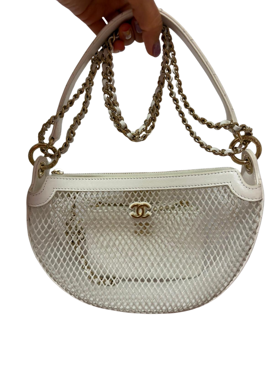 Used CHANEL Mesh Leather 25S Hobo Hobo Bag White Gold
