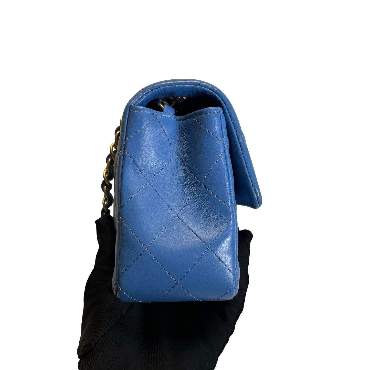 Used CHANEL Quilted Lambskin Classic Flap Handbag Blue Gold hardware