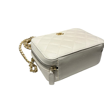 Used CHANEL Lambskin Leather Camera case with golden ball Camera Bag White GHW