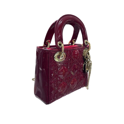 Used Dior Patent Leather Mini Lady Dior Top Handle Bag Cherry Red GHW