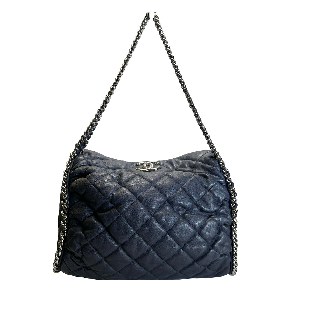 Used CHANEL Quilted Leather Quilted Shoulder Bag Chain Shoulder Bag Navy Blue Silver Hardware