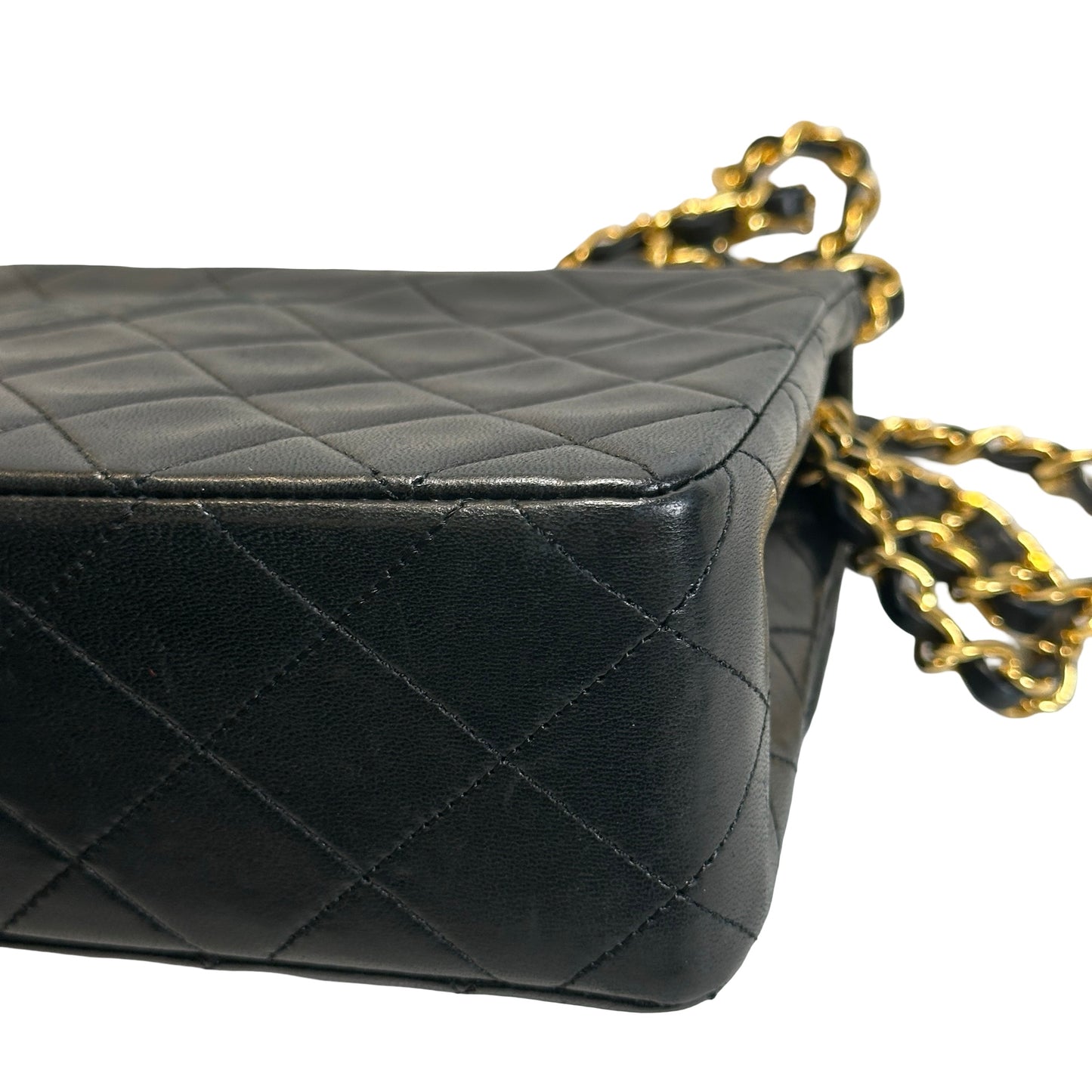 Used CHANEL Quilted Lambskin Mini Square Flap Chain Shoulder Bag Black Gold