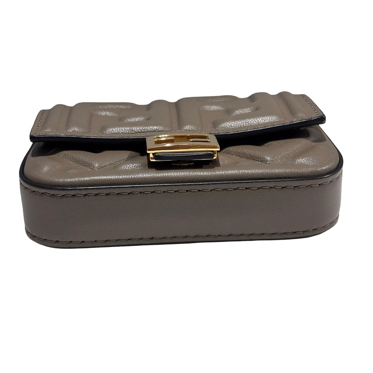 Used FENDI FF Leather Baguette Mini Bag Grey Gold
