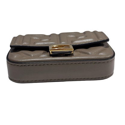 Used FENDI FF Leather Baguette Mini Bag Grey Gold