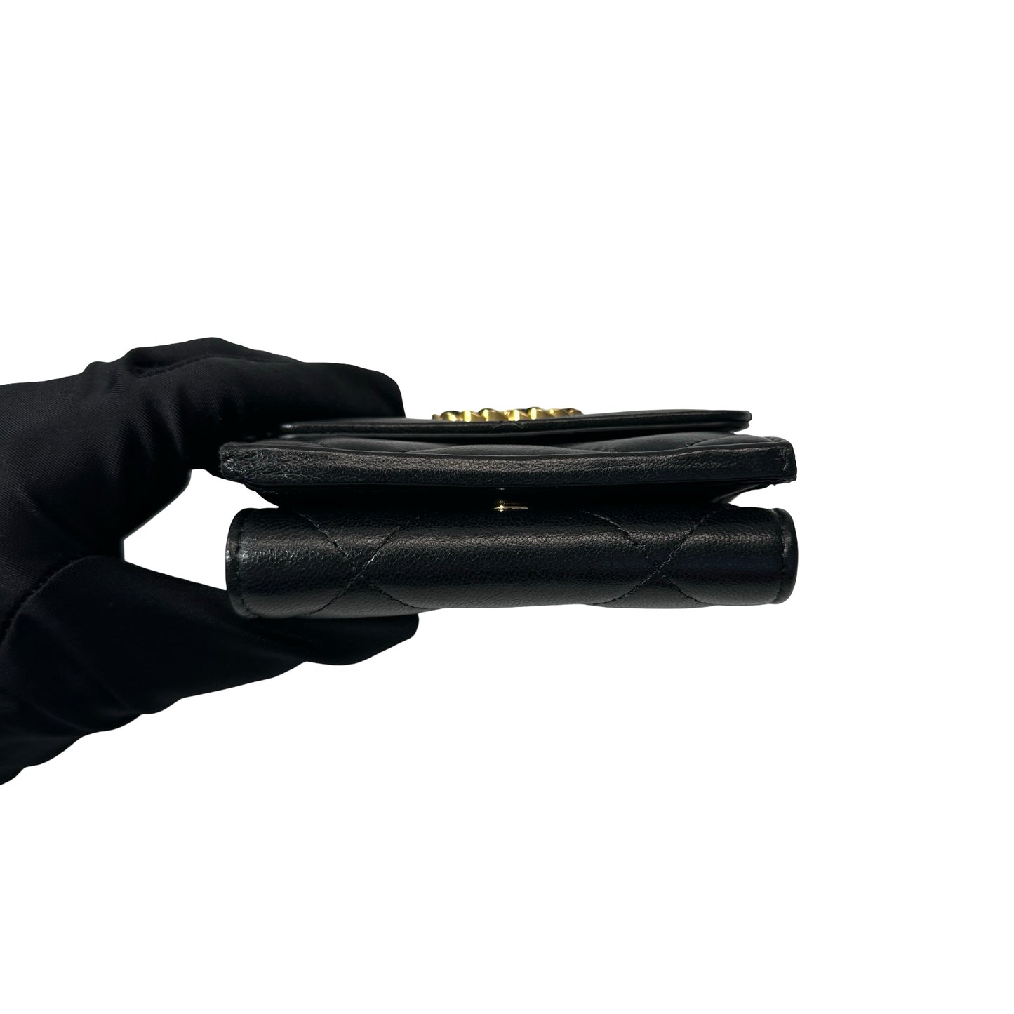 Used Chanel Calfskin Leather C19 Flap Card Holder Black GHW