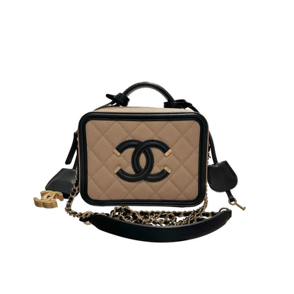 Used CHANEL Calfskin Leather Cross Body Bag Beige GHW