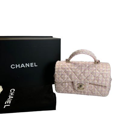 Used CHANEL Tweed Quilted Mini Flap Bag with Top Handle Handbag Pink White