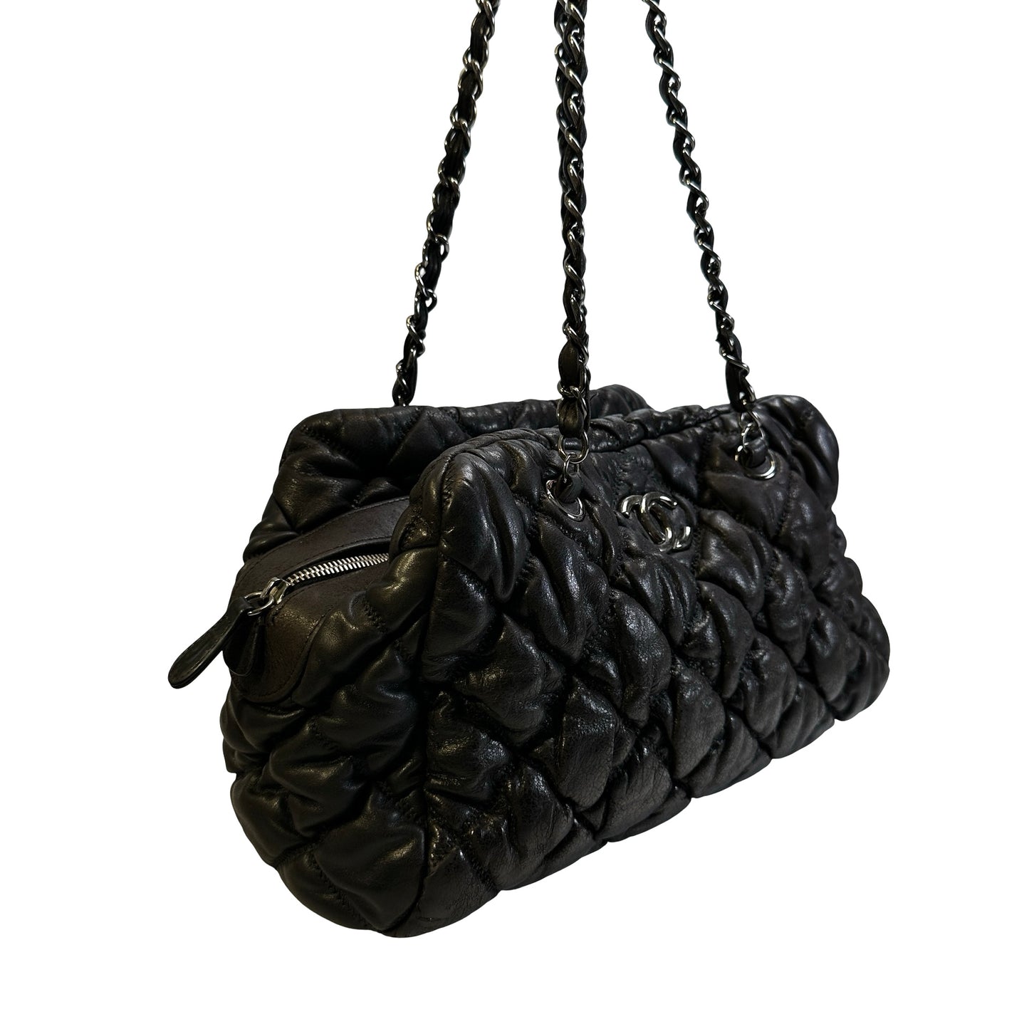 Used CHANEL Quilted Leather Bubble Quilted Bowler Bag Handbag Black Silver hardware