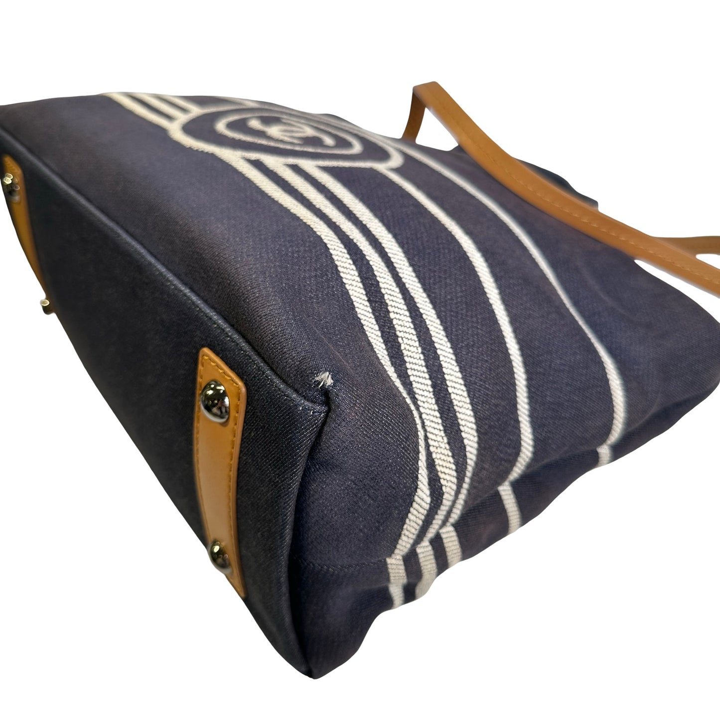 Used CHANEL Stripes CC Logo Deauville Tote Bag Navy Blue White Tan
