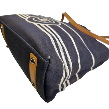 Used CHANEL Stripes CC Logo Deauville Tote Bag Navy Blue White Tan