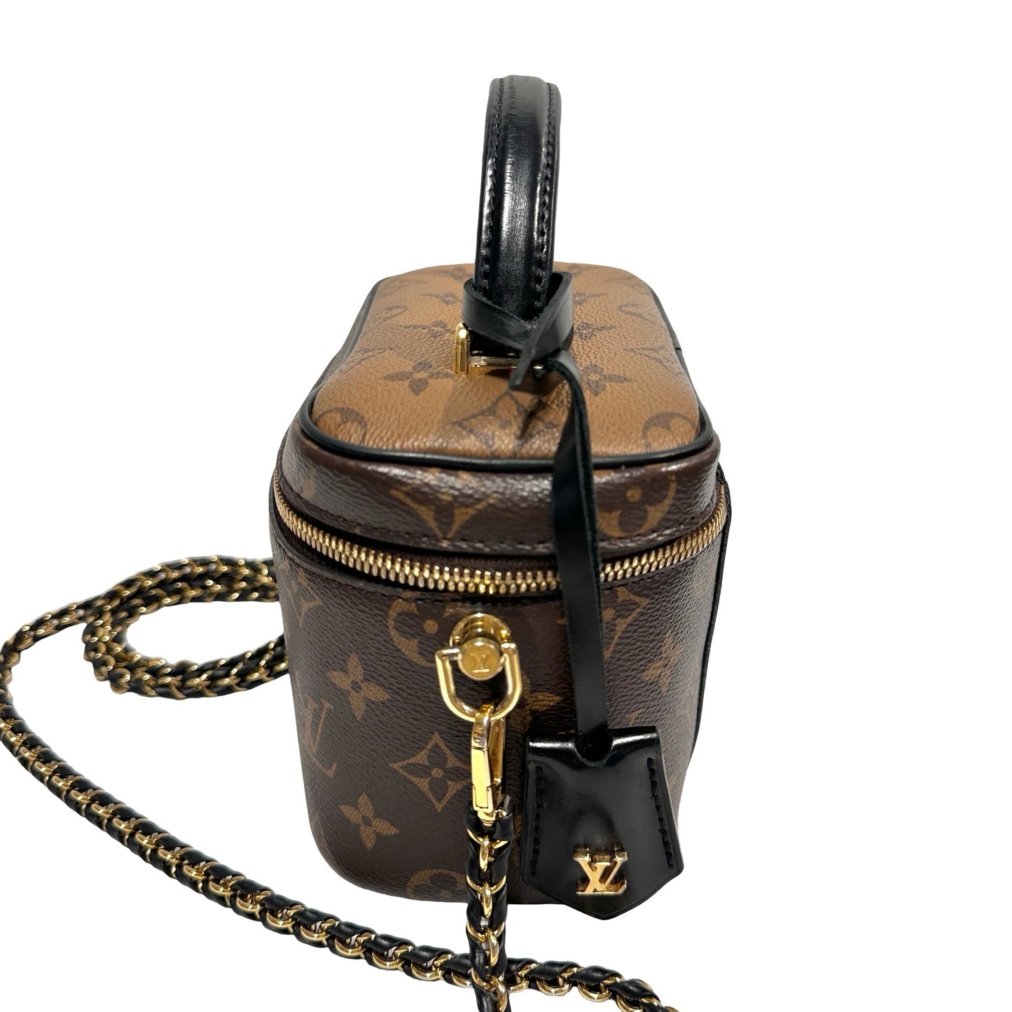 Used Louis Vuitton Monogram Eclipse Coated Canvas Vanity Chain Pouch Cross Body Bag Brown GHW