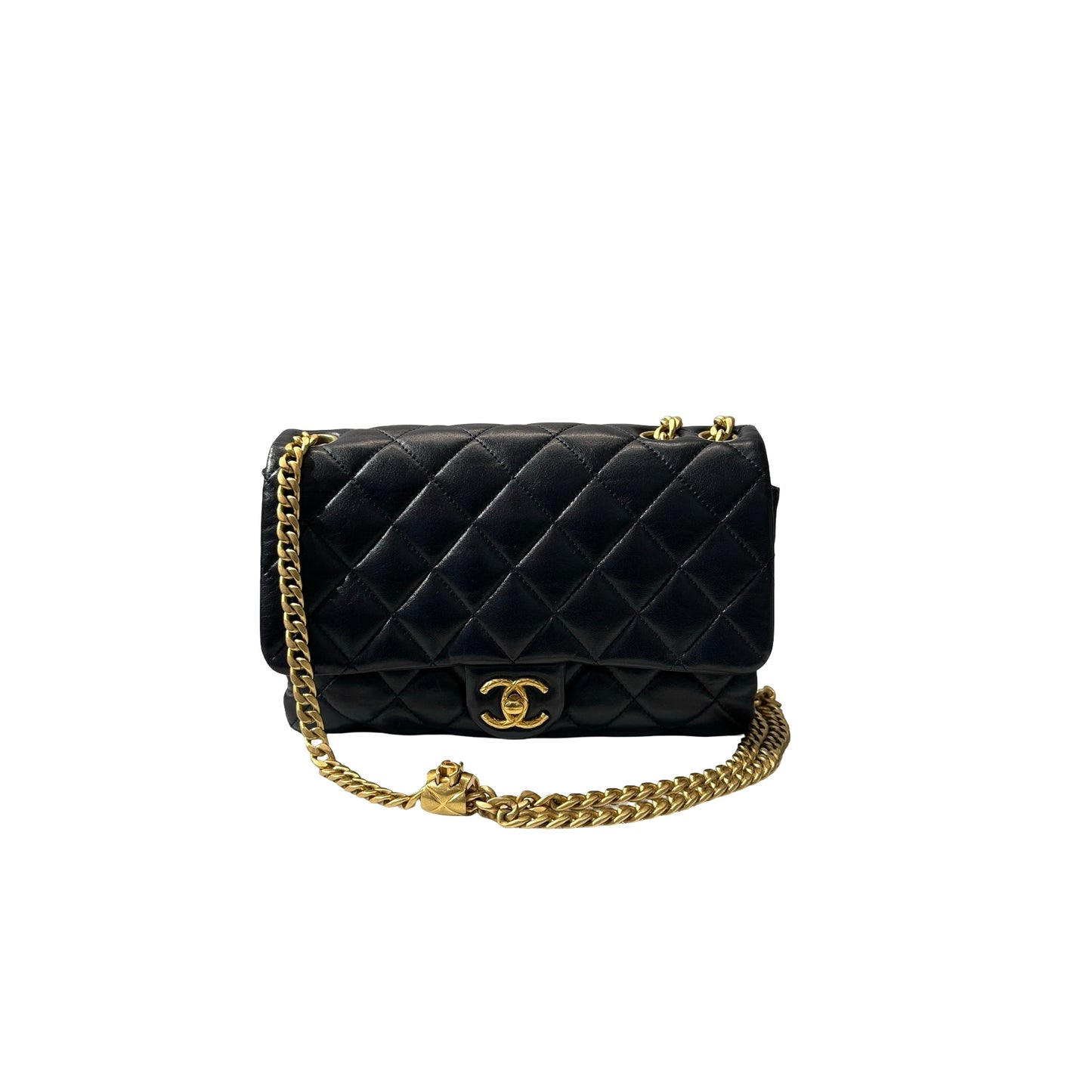 Used CHANEL Lambskin Leather 22K All Slide Adjustable Medium Flap Shoulder Bag Navy GHW