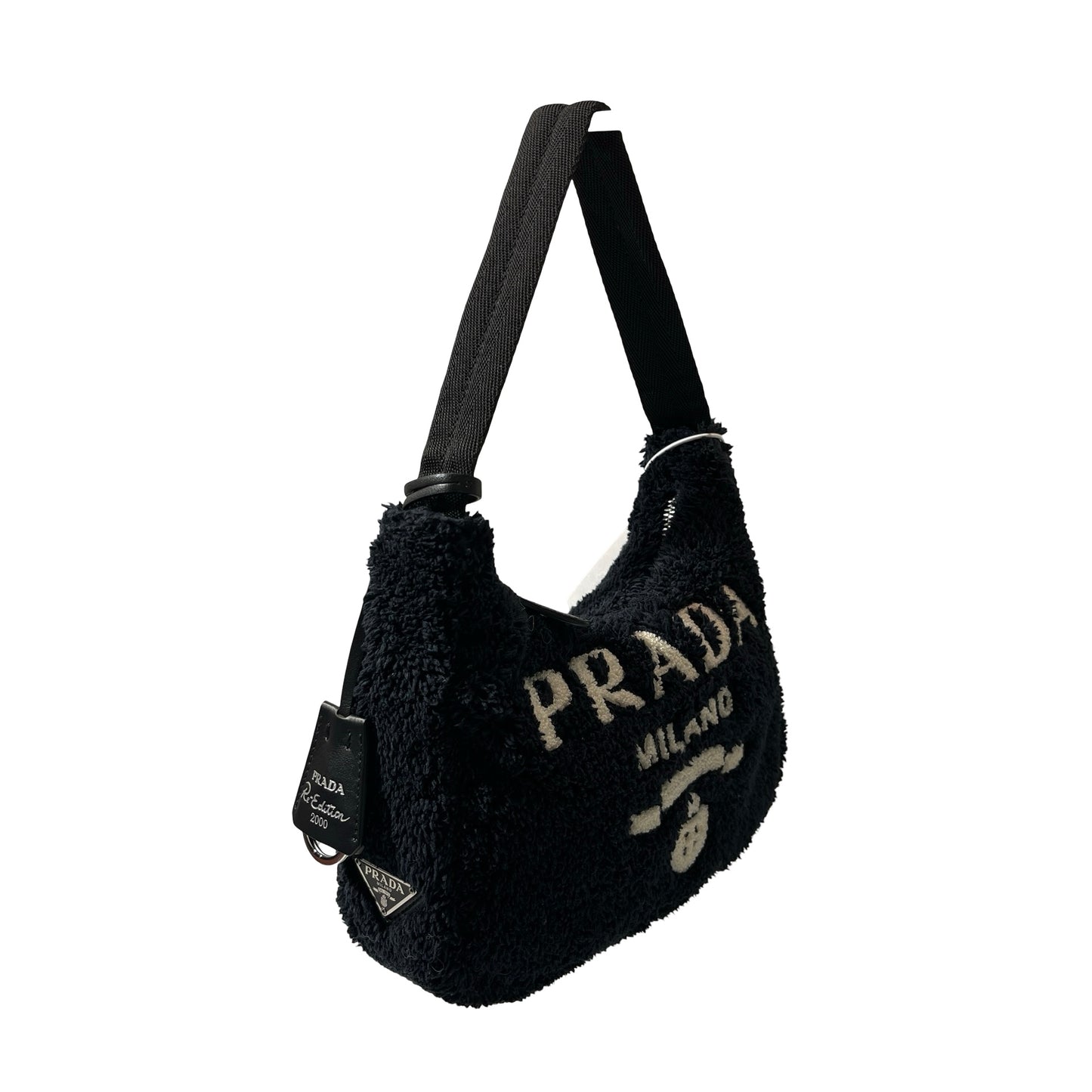 Used PRADA TERRY MINI HOBO Shoulder Bag Black White PHW