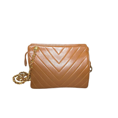 Used CHANEL Lambskin Leather Vintage lambskin chevron Cross Body Bag Brown GHW