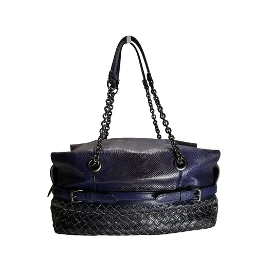 Used BOTTEGA VENETA Intrecciato Lizard Olimpia Shoulder Bag Navy Black