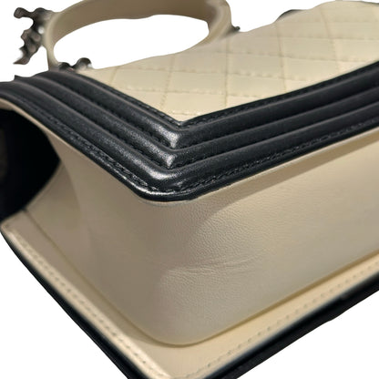 Used CHANEL Lambskin Leather Boy 20cm Shoulder Bag Black White